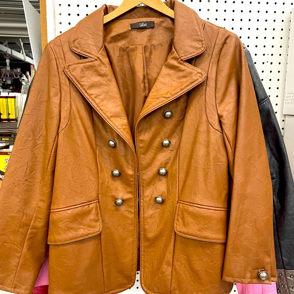 Camel double breasted faux leather jacket Sz M. By Luii